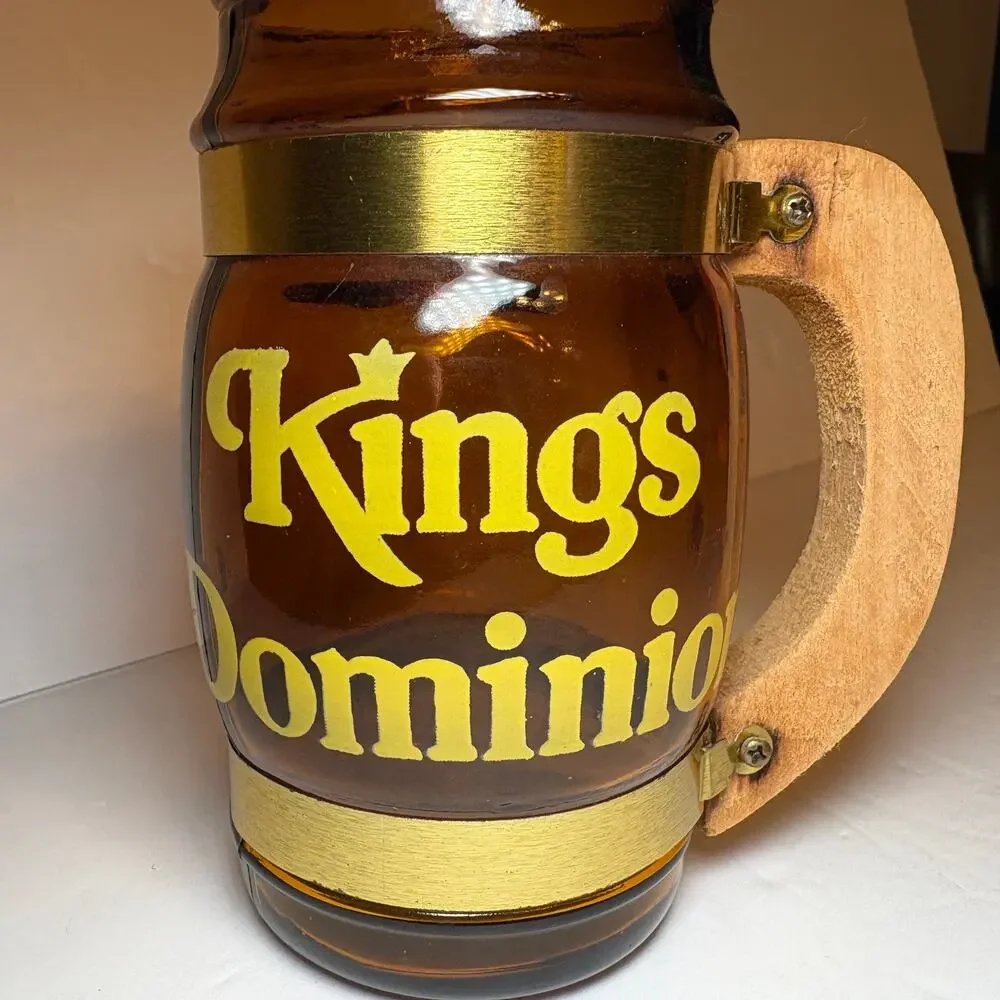 Vintage King's Dominion Souvenir Brown Glass Barrel Mug Wood Handle